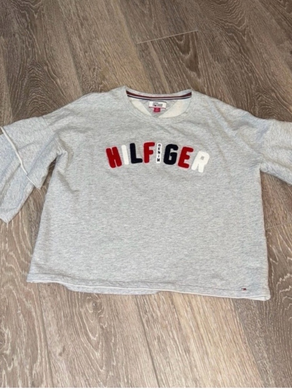 Tommy Hilfiger Denim Grey Bell Sleeve Sweatshirt Hilfiger Logo, Size S